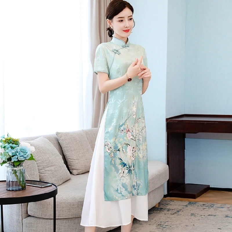 Женское платье с вышивкой Cheongsam Young зеленое розовое элегантное в китайском стиле