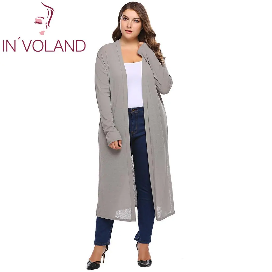 Dark Grey IN'VOLAND, женские кардиганы, Свитера размера плюс, Женские повседневные осенние, весенние, с длинным рукавом, одноцветные, открытая строчка, вязанный кардиган, верхняя одежда, топы - Цвет: Dark Grey