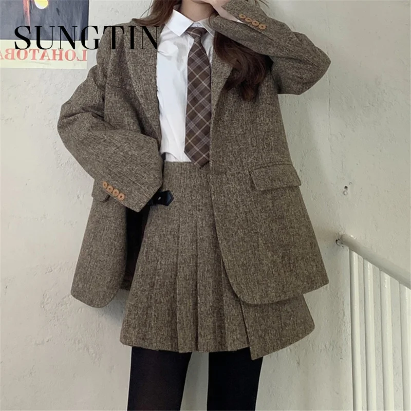 Sungtin Preppy Style Woolen Women Pleated Skirt and Blazer 2 Piece Set Korean Kawaii Suit Female Cute JK Warm |