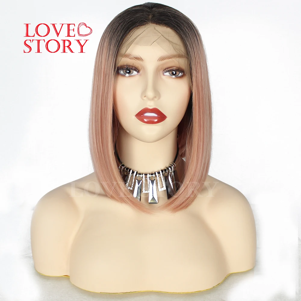 Dianteira do Laço Resistente ao Calor Peruca de Cabelo Lovestory Cor-de-rosa Peruca Sintético Curto Bob Reto