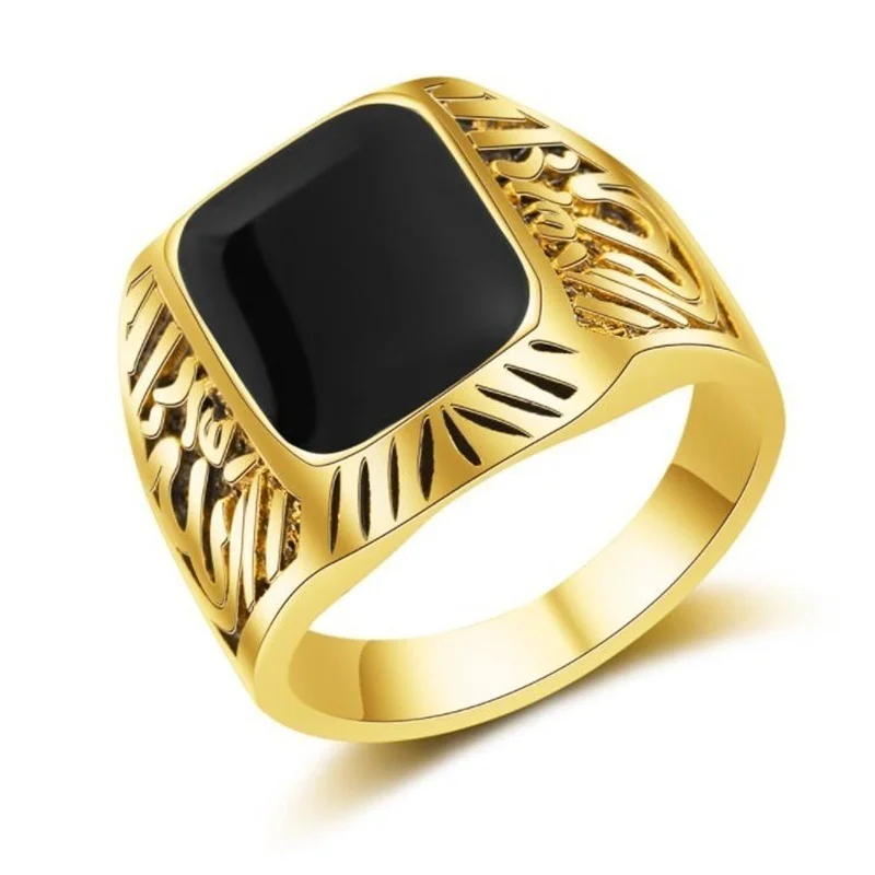 

New Retro Bohemian Black Crystal Inlaid Ring Men's Ring Fashion Metal Gold-Plated Ring Accessories Party Jewelry