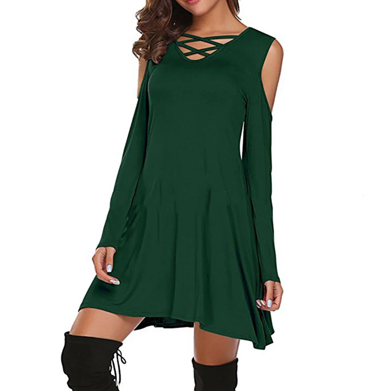 

Summer 2021 Sexy Hollw Out V-Neck Strapless Women Dress Long Sleeve Elegant Solid Off Shoulder A-Line Dresses Ropa Mujer