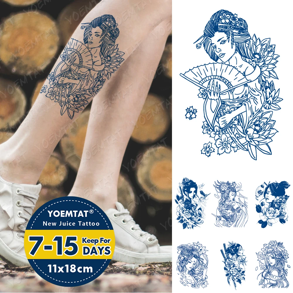 

Juice Lasting Waterproof Temporary Tattoo Stickers Japanese Geisha Samurai Swordsman Flash Tattoos Ink Blue Body Art Fake Tatto