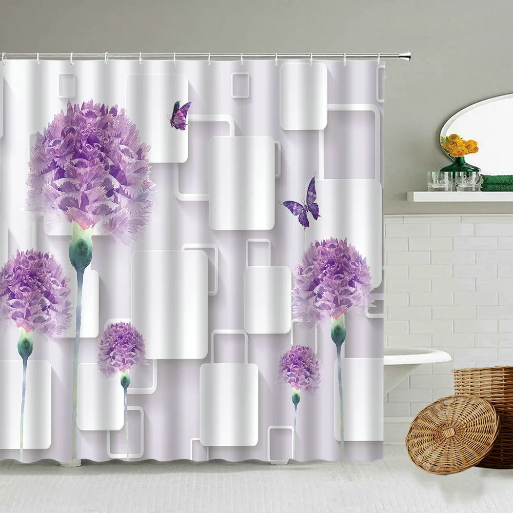 

Chinese Style Three-dimensional Geometric Square Purple Flower Shower Curtain Butterfly Rose Modern Bathroom Waterproof Screen