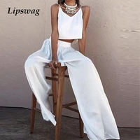 summer women two piece set elegant sling v neck tops and wide leg pants suits fashion spring sleeveless soft homewear outfit 3xl