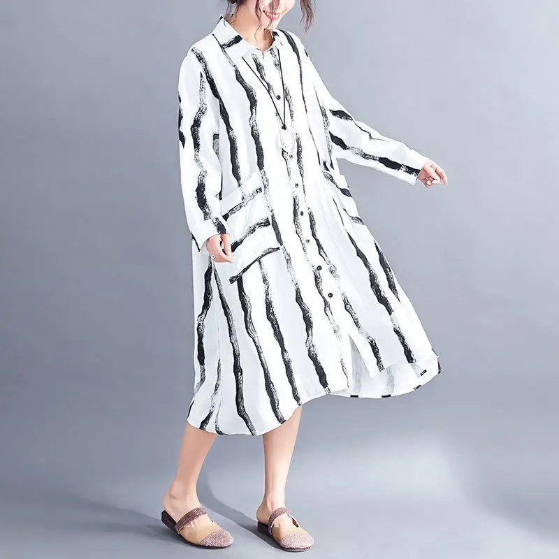 Женское свободное платье с отложным воротником Повседневное в полоску на