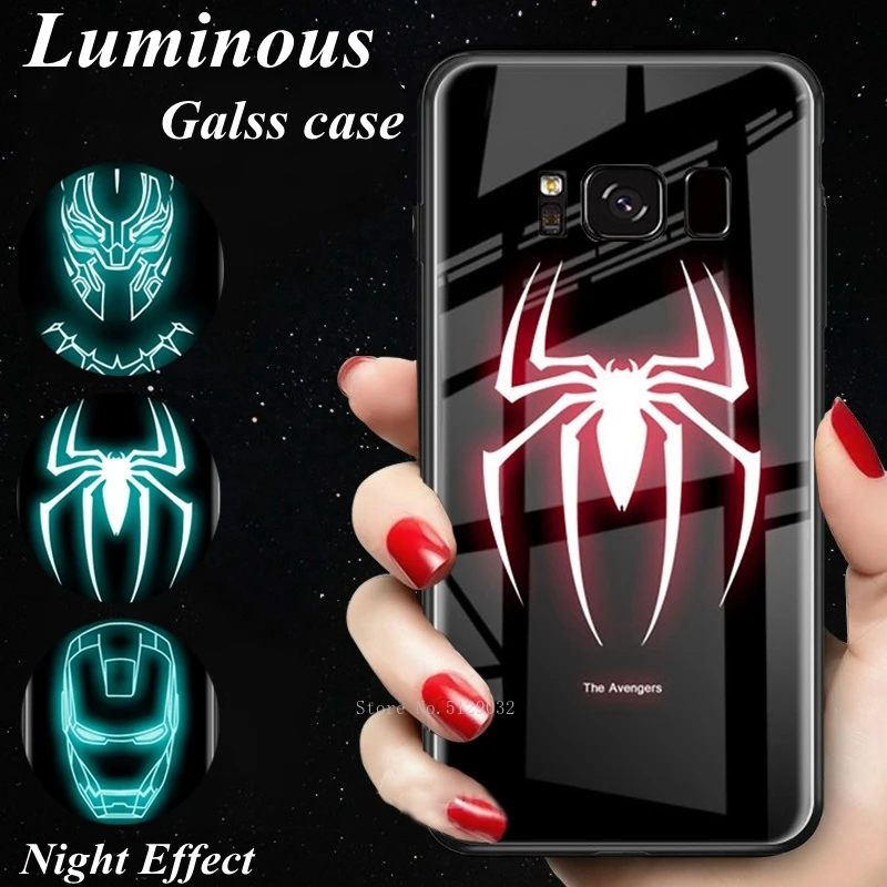 Marvel Avengers Spider Temper Glass LED Case for Coque Samsung galaxy s8 s9 s10 plus Note 8 9 Ironman Batman Logo Luminous Cover |