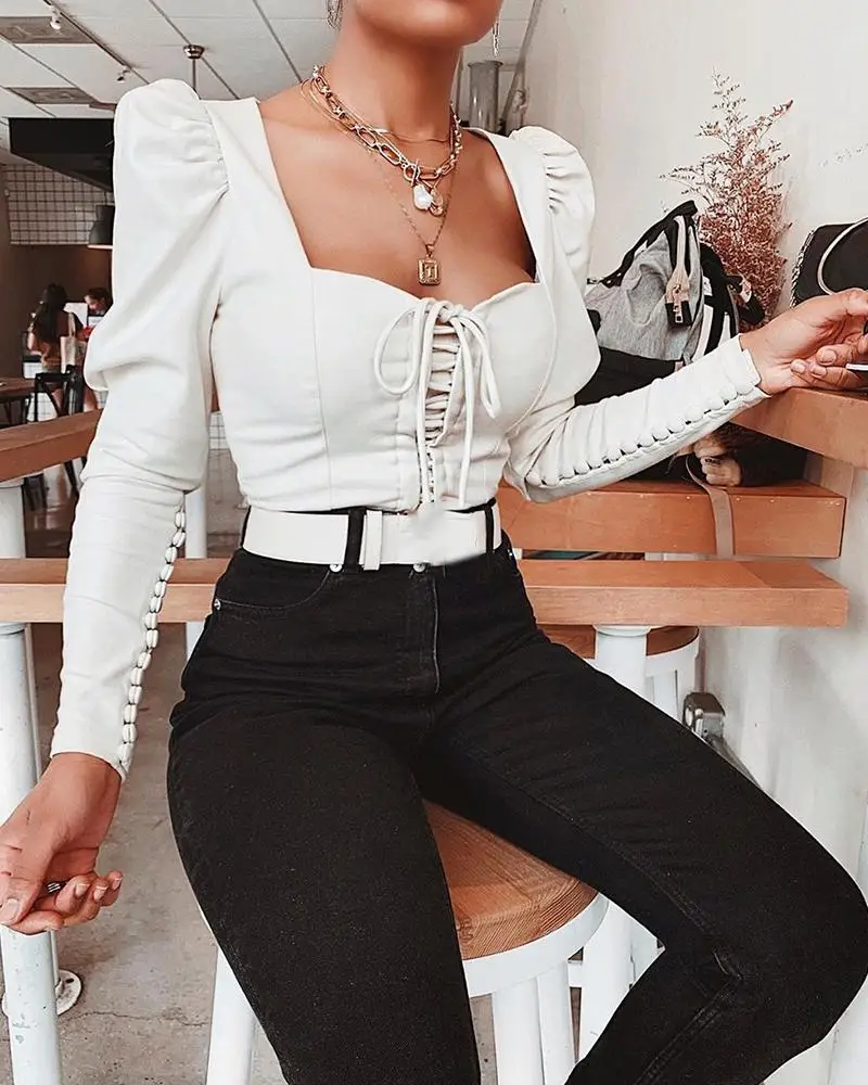 

Solid White Long Sleeve T Shirt Women Lace Up Square Collar Tops Spring Buttoned Puff Sleeve Navel Exposed Tee Shirts