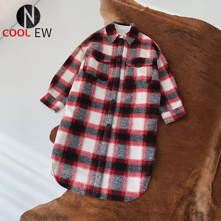 

Elfbop Ladies/Women Contrast Plaid Long Style Woolen Jacket Coat Outerwear With Lapel & Long Sleeve
