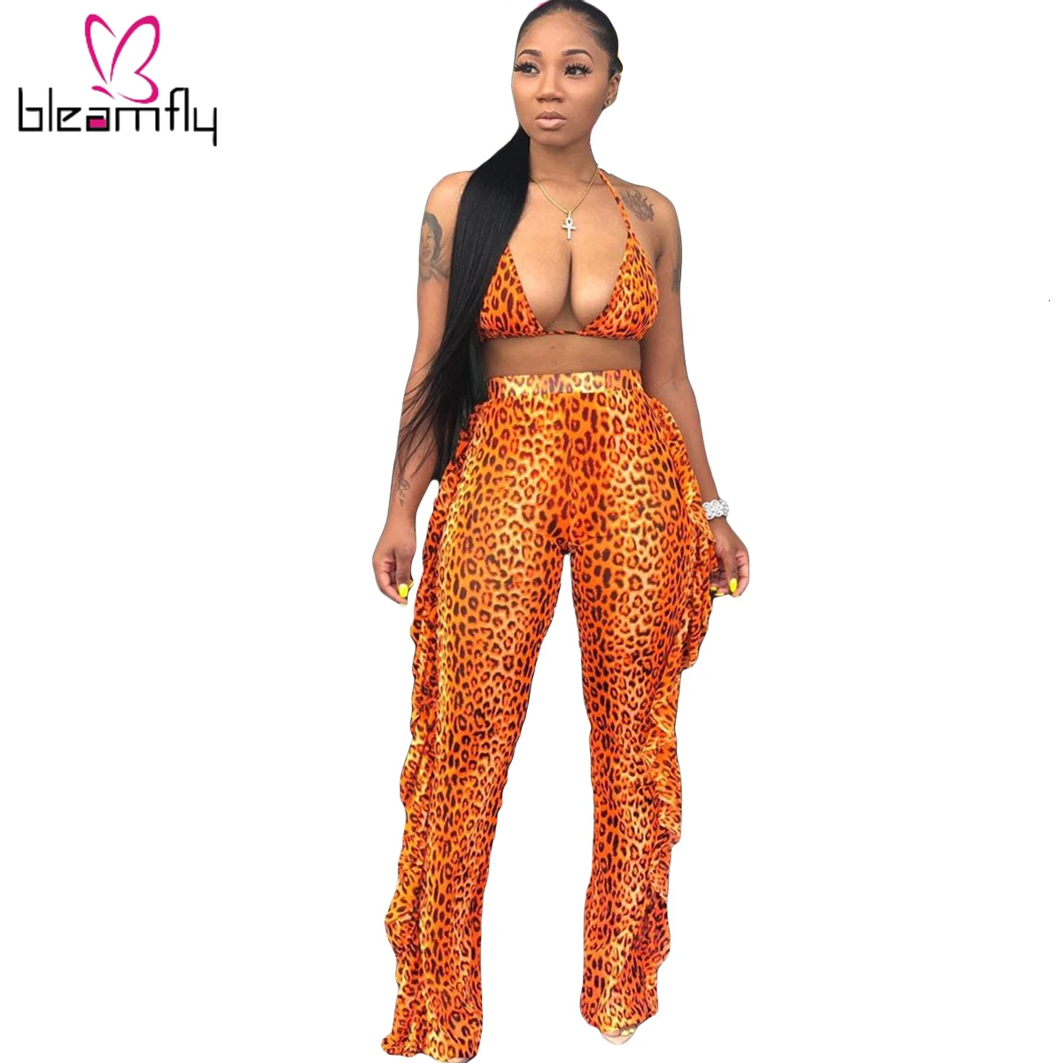 Женский леопардовый топ с v образным вырезом и открытой спиной + штаны оборками