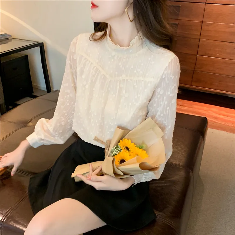 

GRAZIA VIRA Vintage Lace Mesh Blouse 2021 Autumn Dot Chiffon Shirt Women Elegant Ladies Shirt Long Sleeve Korean Fashion Tops