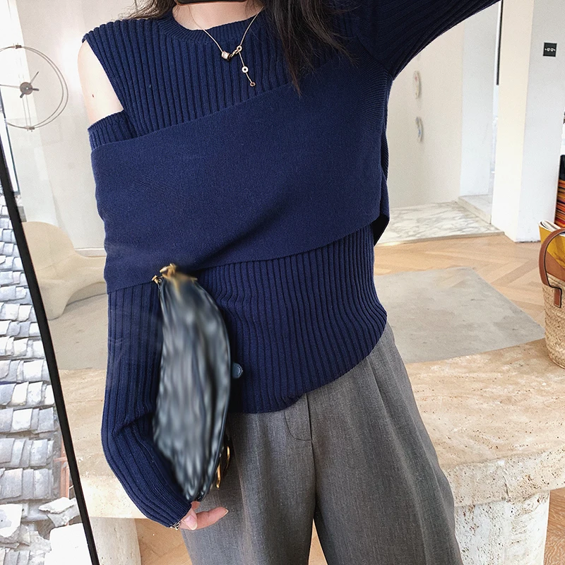 

SISPELL Patchwork Hollow Out For Female Knitted Sweater O Neck Long Sleeve Slimming Women's Casual Sweater 2020 Fashion Autumn
