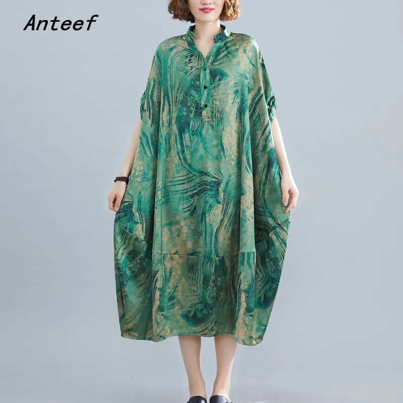 

short sleeve oversized silk yarn vintage floral dresses for women casual loose long summer dress elegant clothes 2022