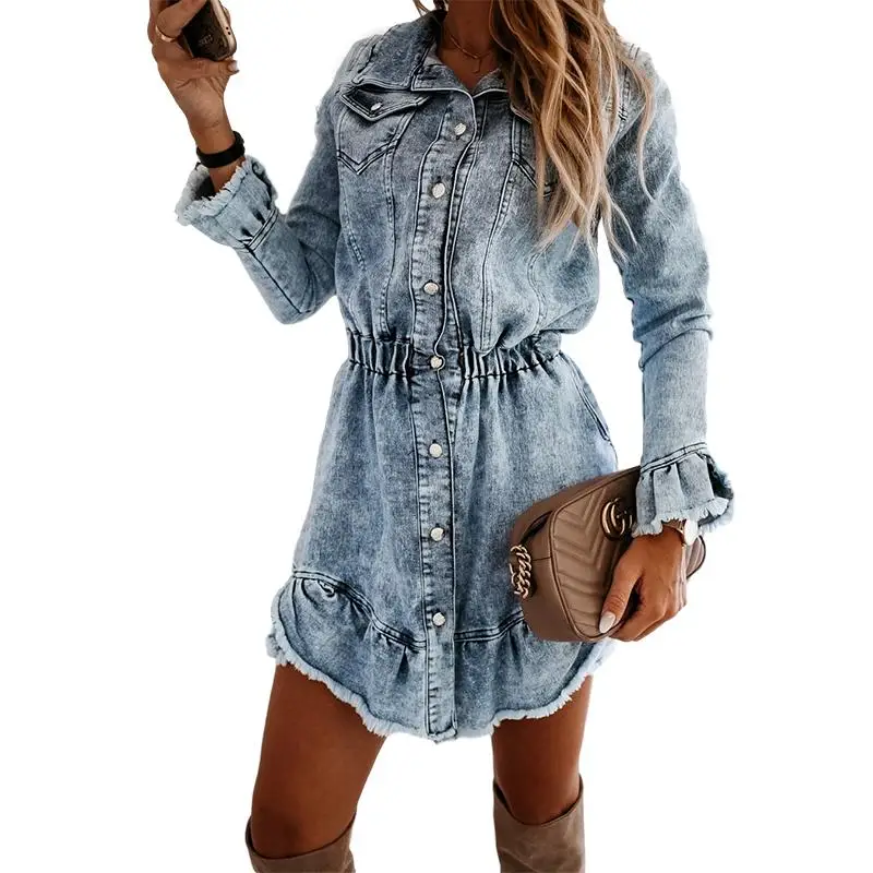 Женское джинсовое платье рубашка с длинным рукавом и поясом на резинке|Женские