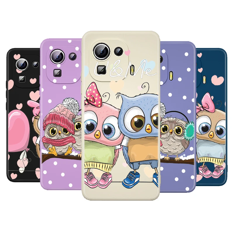 

Cute Cartoon Lovers Owl Liquid Silicone Soft Cover For Xiaomi Mi 11 Ultra 11i 11X 10 10T 10S 9 SE Pro Lite Youth Phone Case