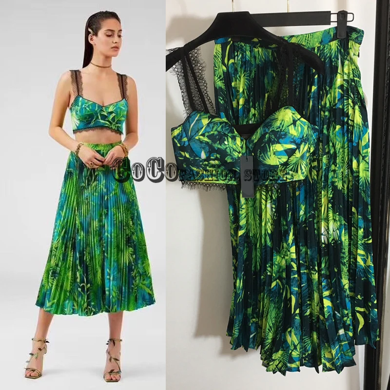 

2021 Luxury design 2 piece set outfits for women clothing green jungle print Lace Tank tops top + sexy High waist pleated skirt