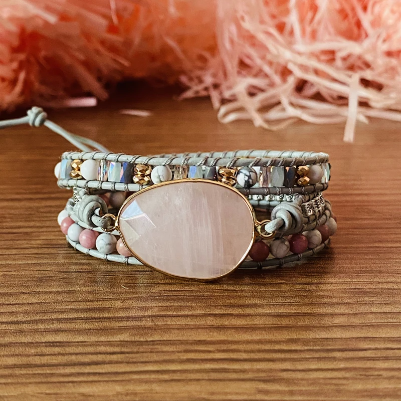 

Премиум новый браслет с запахом с натуральным камнем ручной работы браслет Бохо розовый браслет для женщин Прямая поставка