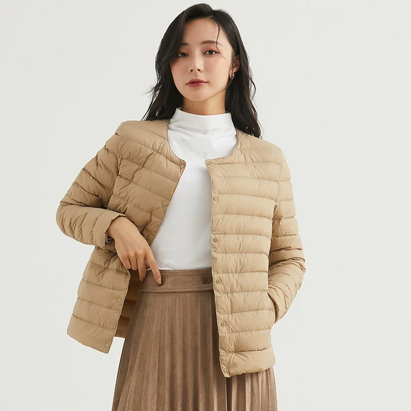 2022 New Women Bomber Jackets Fashion Solid Stripe Female Slim Short Cropped Coats Warm Duck Down Filler V-neck Light Thin Stye