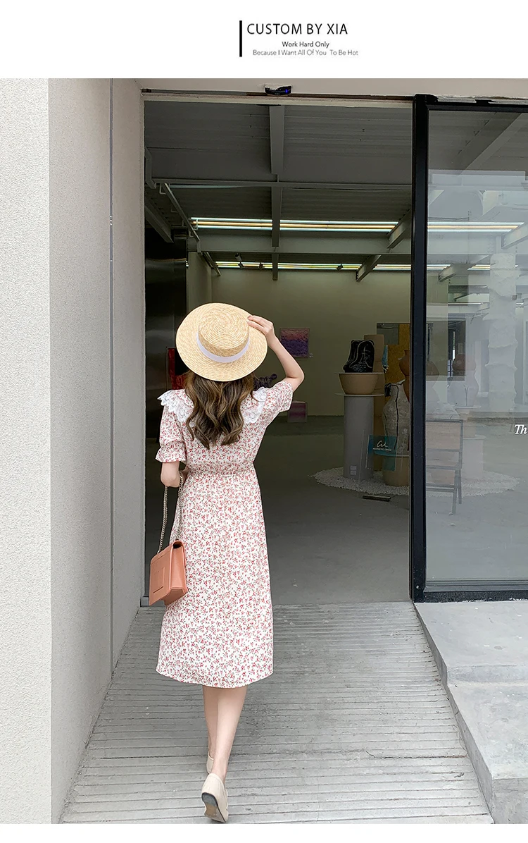 

Summer New Korean Long Chiffon Thin Plus Size Women's Dress Fashion Short Sleeve Doll Collar Printed Casual Dresses