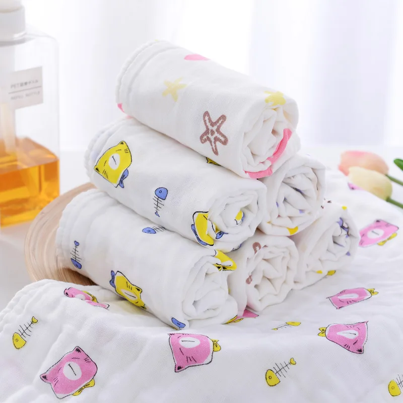 Baby Towel Organic Cotton Infant Care Towel Muslin Fashion Toddler Absorbent Gauze Cute Cartoon Newborn Feeding Wipe Cloth Bibs