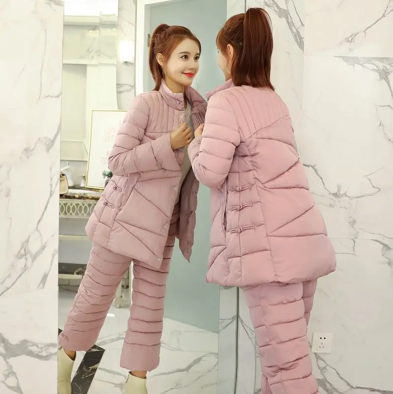 Новинка 2019 года зимний хлопковый костюм на пуху женские хлопковые брюки модная