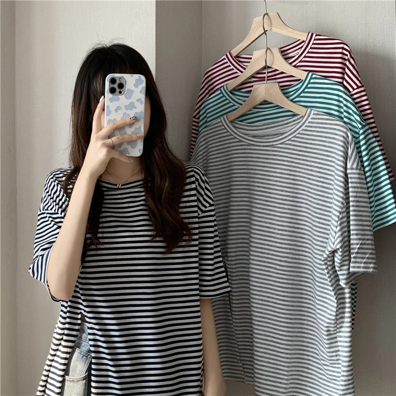 

2021 Summer New Casual Women T-shirt Streetwear Striped Split T Shirts Female Oversized Short-sleeved Long Cotton Tops Mujer