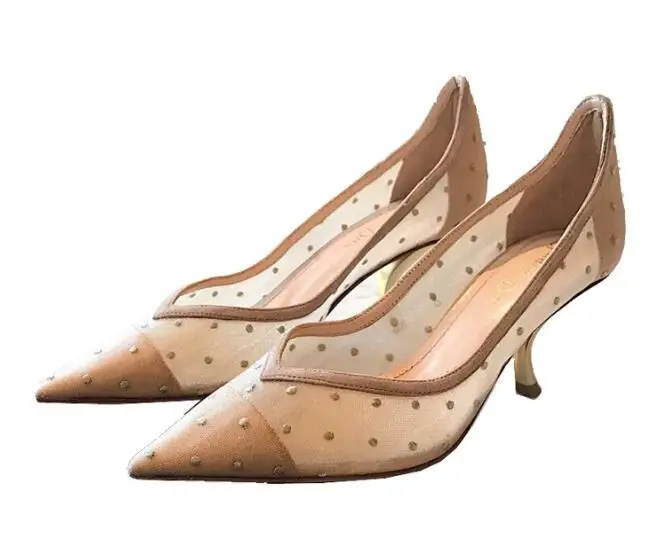 

BONJEAN Sexy Shallow High Heel Shoes Woman Pointed Toe Elegant Thin Heels Shoes Mesh Grid Polka Dot Sexy Dress Pumps