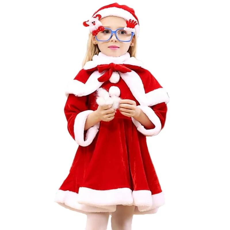 

2 4 6 8 10 Years Christmas Costume Boys Girls Santa Claus Red Dress With Cloak Cosplay Kids Children Clothing Girl's Clothes