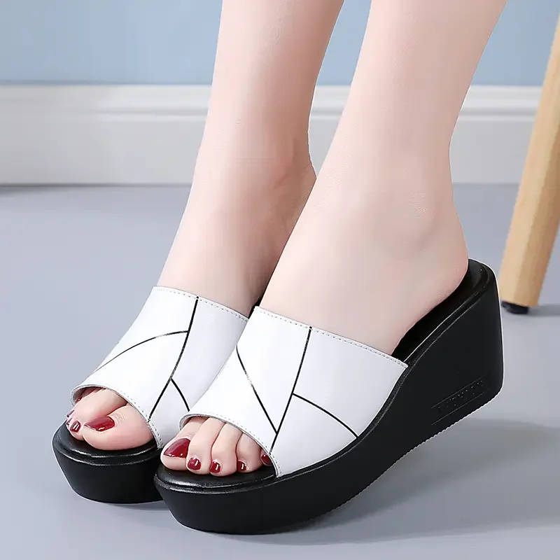 

Genuine summer women's slippers with thick soles with sloping heels outdoor high heel flip-flops