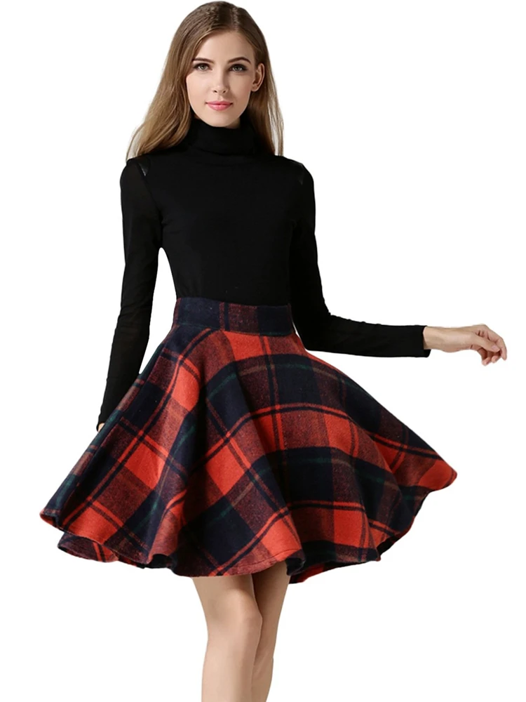 

Women's Casual High Waisted Winter Autumn Slim Pattern Invisible Zipper Closure Woolen Check Print Plaid Tartan A-Line Skirt