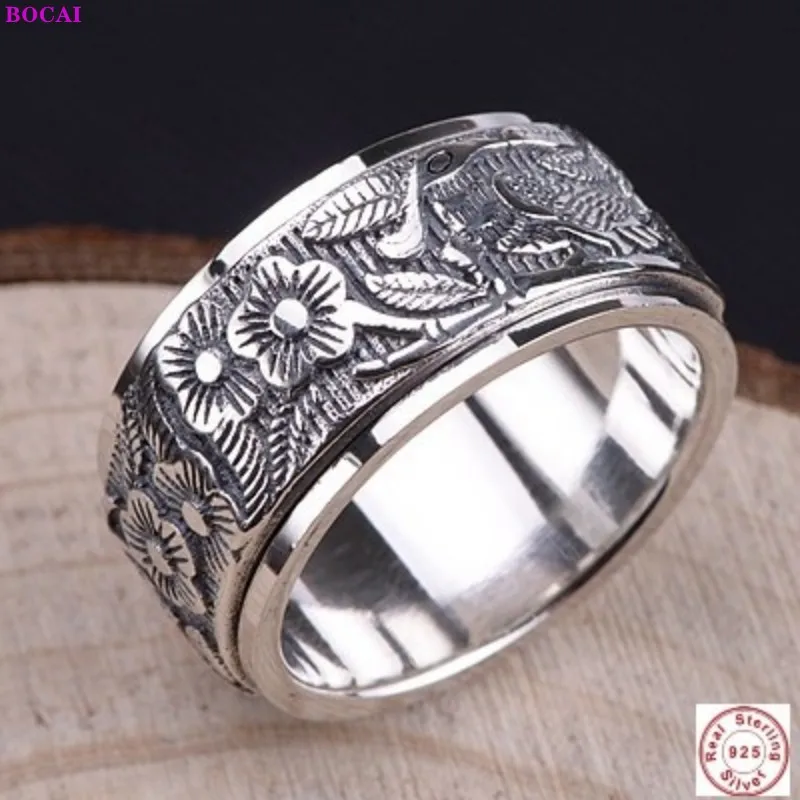 

BOCAI Real Sterling Silver S925 Rings Retro Craft Women's Magpie Twirling Thai Silver Rotatable Ring Valentine's Day Gift