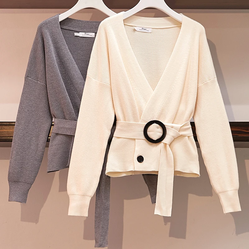 V-образный вырез на пуговицах с поясом V шеи свитер v-образный Для женщин Кардиганы