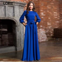 lorie chiffon evening dresses with full sleeve beach prom party gown plus size o neck simple elegant maxi dress with pockets