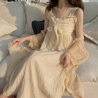 fairy tube top straps high waist mid length suspender dress with hollow lace cardigan sun protection clothing for women