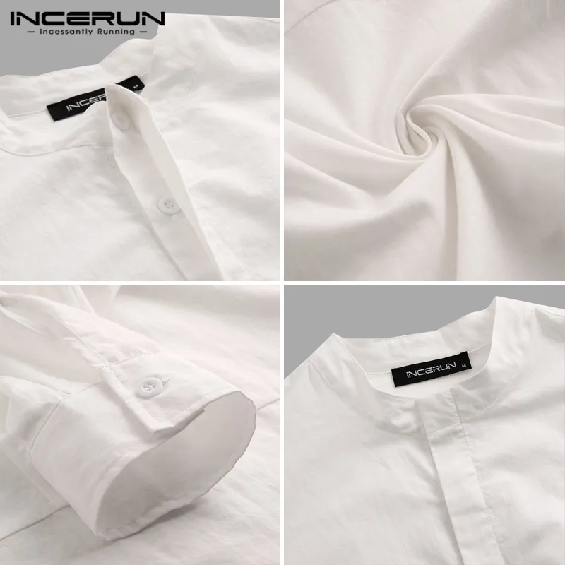 

INCERUN 2021 Fashion Men Shirt Cotton Long Sleeve Stand Collar Solid Breathable Streetwear Camisa Casual Brand Shirts Harajuku
