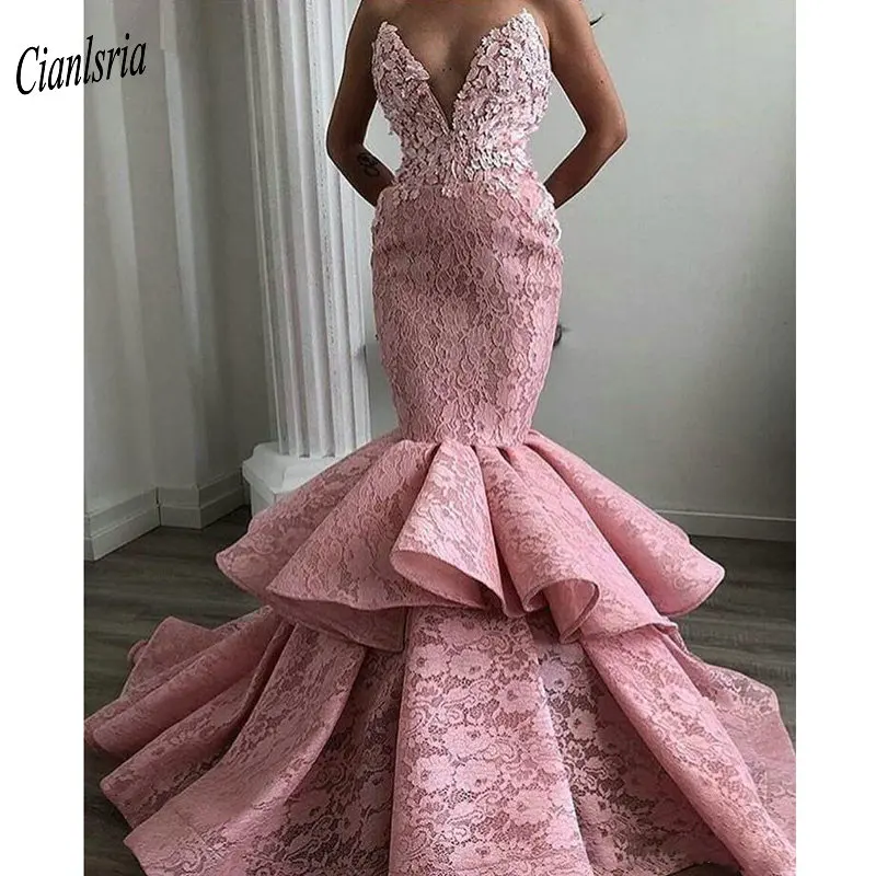 

Pink Sexy Deep V-Neck Sleeveless Full Lace Mermaid Evening Dress Appliques Tiered Dubai Arabic Long Formal Evening Party Dresses