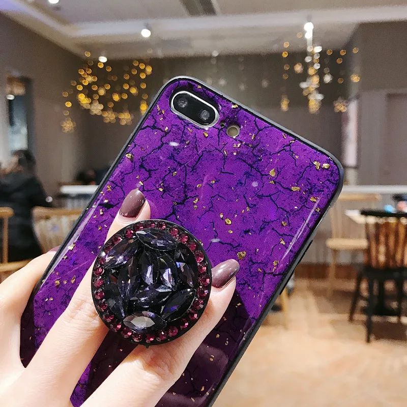 Cute Epoxy Gold foil Gem Green Purple phone case For iPhone X XS Max XR 6 6S 7 8 Plus with Ring Stand Holder Lanyard Soft Cover |