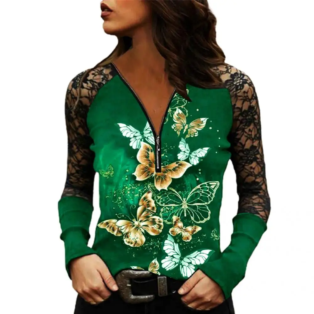 

Women Shirts Lady Top Pullover Casual Lace Hollow Out Printing Zip-up Neck Lacework Women Shirt