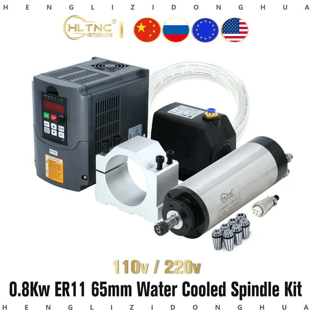 

0.8KW ER11 65mm 110V 220V 6A 400Hz Water Cooled Spindle Motor Engine With 1.5KW Inverter VFD For CNC Milling Engraving Machine