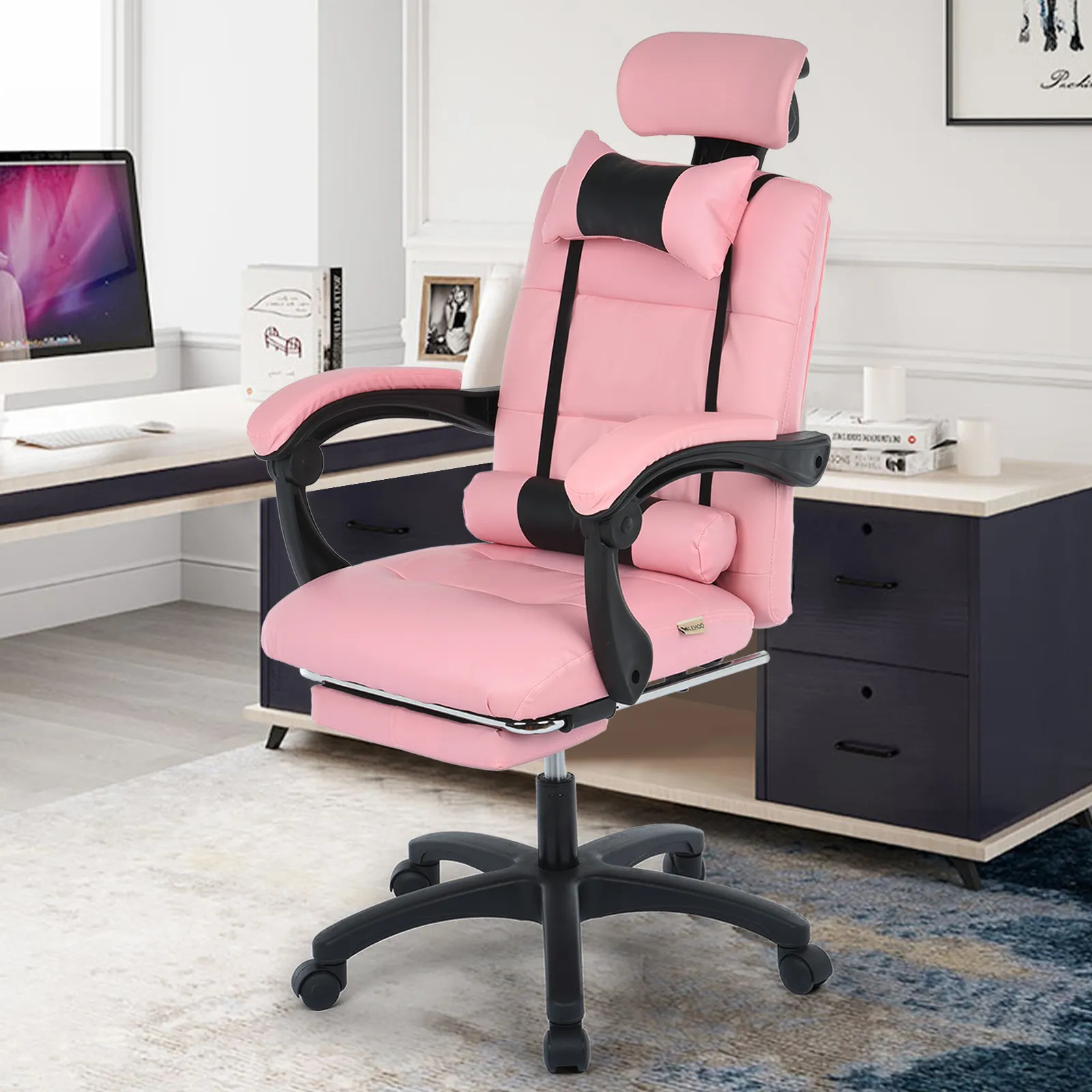 

Ergonomic Gaming Chair With Footrest Adjustable Backrest Reclining Leather Office Chair,Retractable Footstool, Lumbar Support