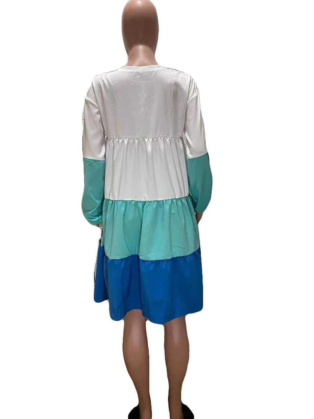 

Long Sleeve Casual Club Dresses Color Patchwork Womens Dresses O Neck A-line Pleated Spring Fashion Party Midi Dress