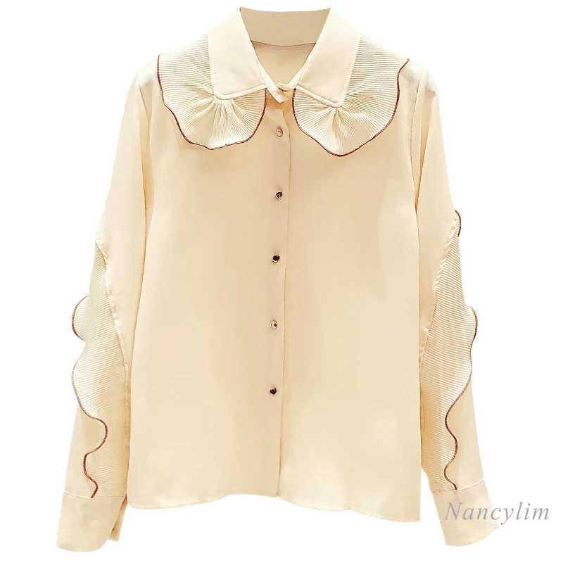 

ruffles long sleeve blouse for woman 2021 Spring New Fashion Large Lapel Shirt lady's Casual Lotus Leaf tops blusas