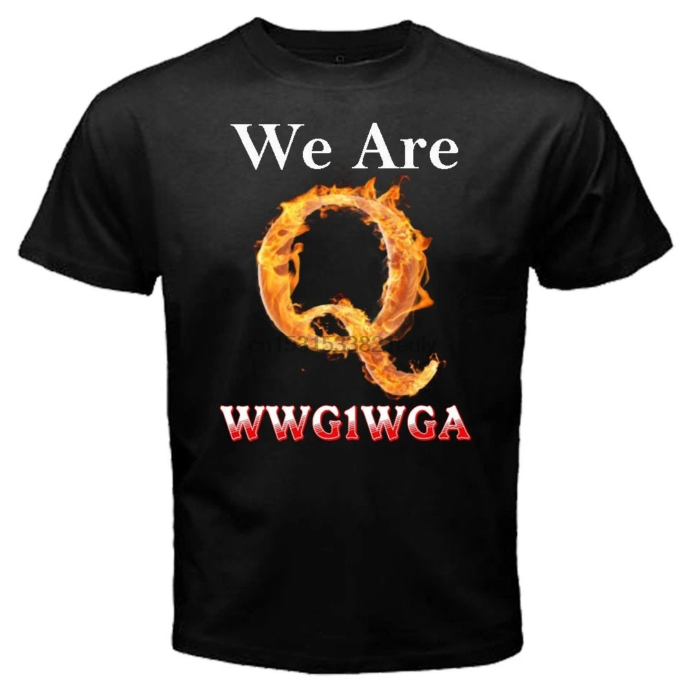 

We Are Q Wwg1Wga Where We Go One We Go All American Flag Trump 2020 Republican Inspired Fire Qanon Mens Black Tee Shirt T Shirt