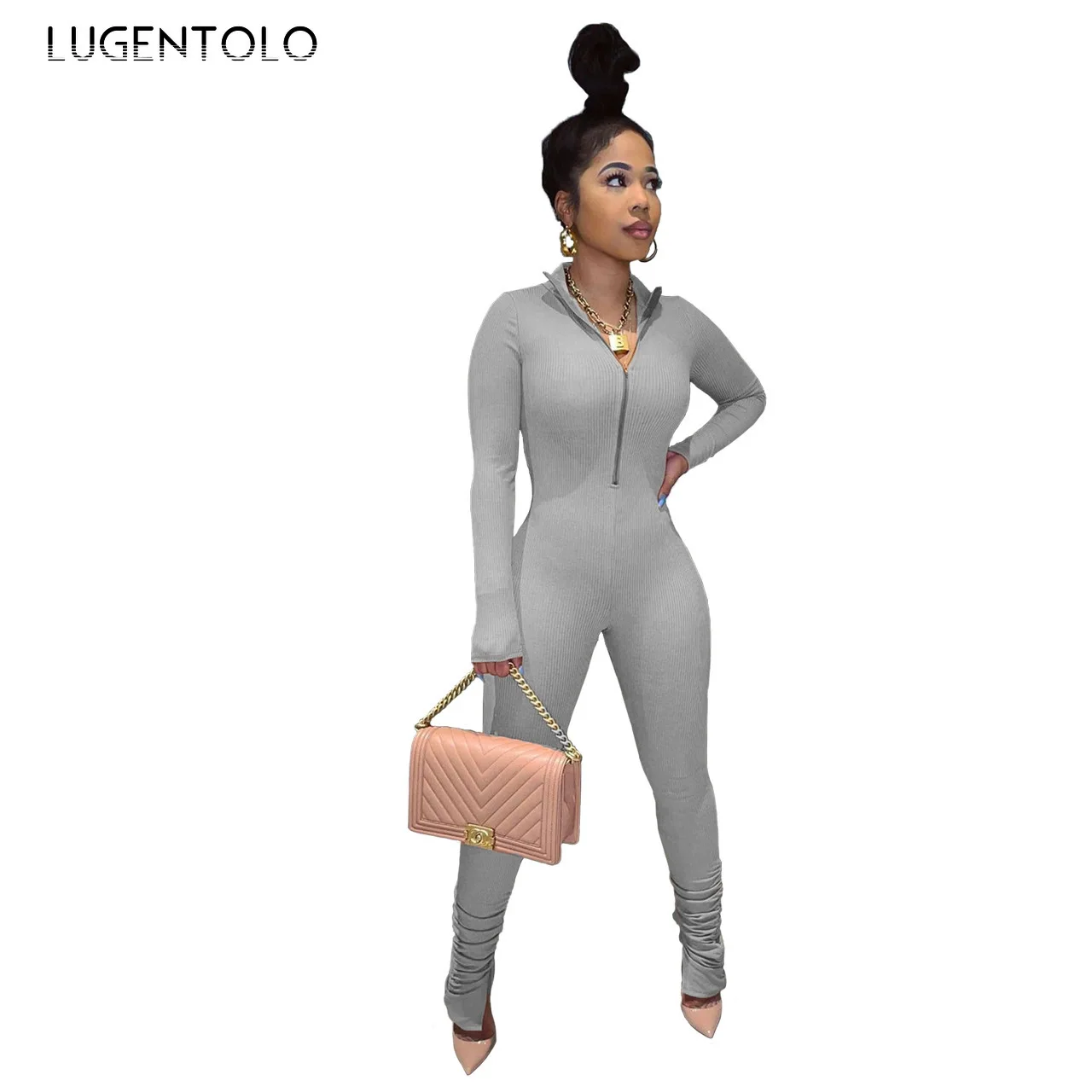 

Lugentolo Women Jumpsuit Sexy Tight Women's Long Sleeve Classic Solid Color Pleated Zipper Slim Female Fashion Jumpsuits