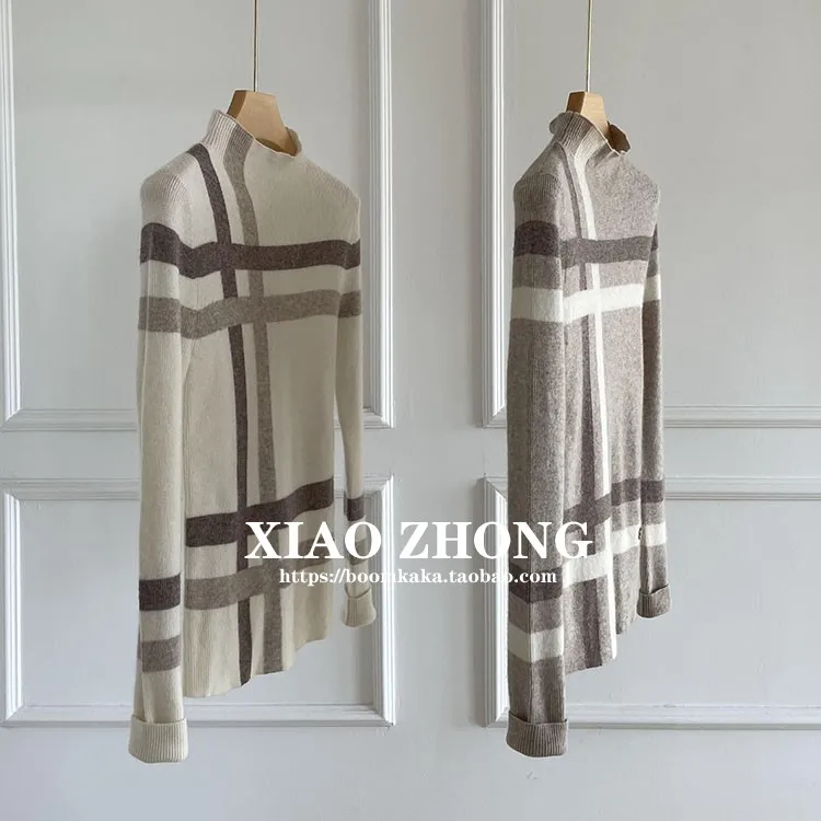 

Women Cashmere Sweater Striped Contrast Color Slim Mock Neck Cashmere Shirt Knitting Sweater New