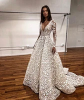 2021 Abiti Da Sposa Tulle Appliqued A Line Deep V Neck Beach Wedding Dresses Sweep Train Long Sleeve Gowns Vestidos De Novia