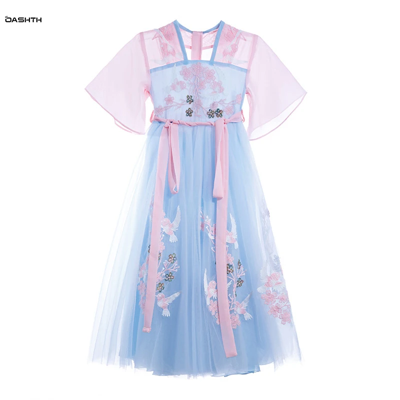 

OASHTH Children's clothing summer new girl's hanfu puffy gauze Chinese style princess dress Tang suit catwalk costume