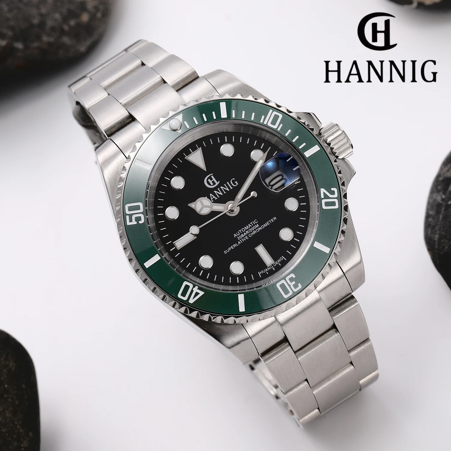 

HANNIG Brand Luxury Men Waterproof Automatic Mechanical Water Ghost Watch Green And Black Ceramic Bezel Luminous Reloj 40.5mm