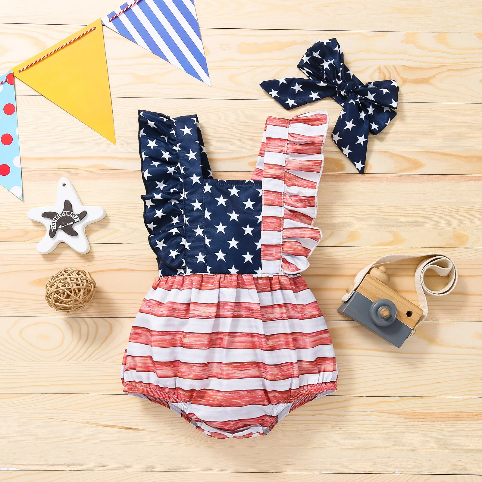 

Lovely Infant Baby Girls Summer Toddler Clothes Stripe Splicing Print Ruffles Short Sleeve Jumpsuits Cotton Romper