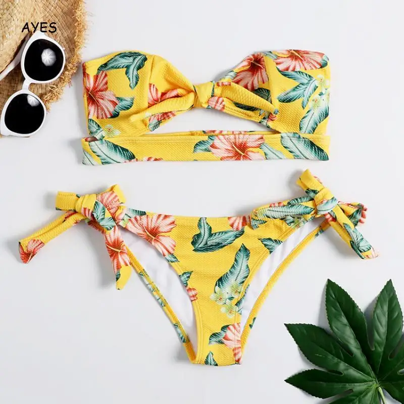 

Hot Sale Women 2020 New Bathing Suit Strapless Bikinis Set Leaf Print Bowknot Bikini Swimsuits Beachwear Tankinis Swimsuit Femme